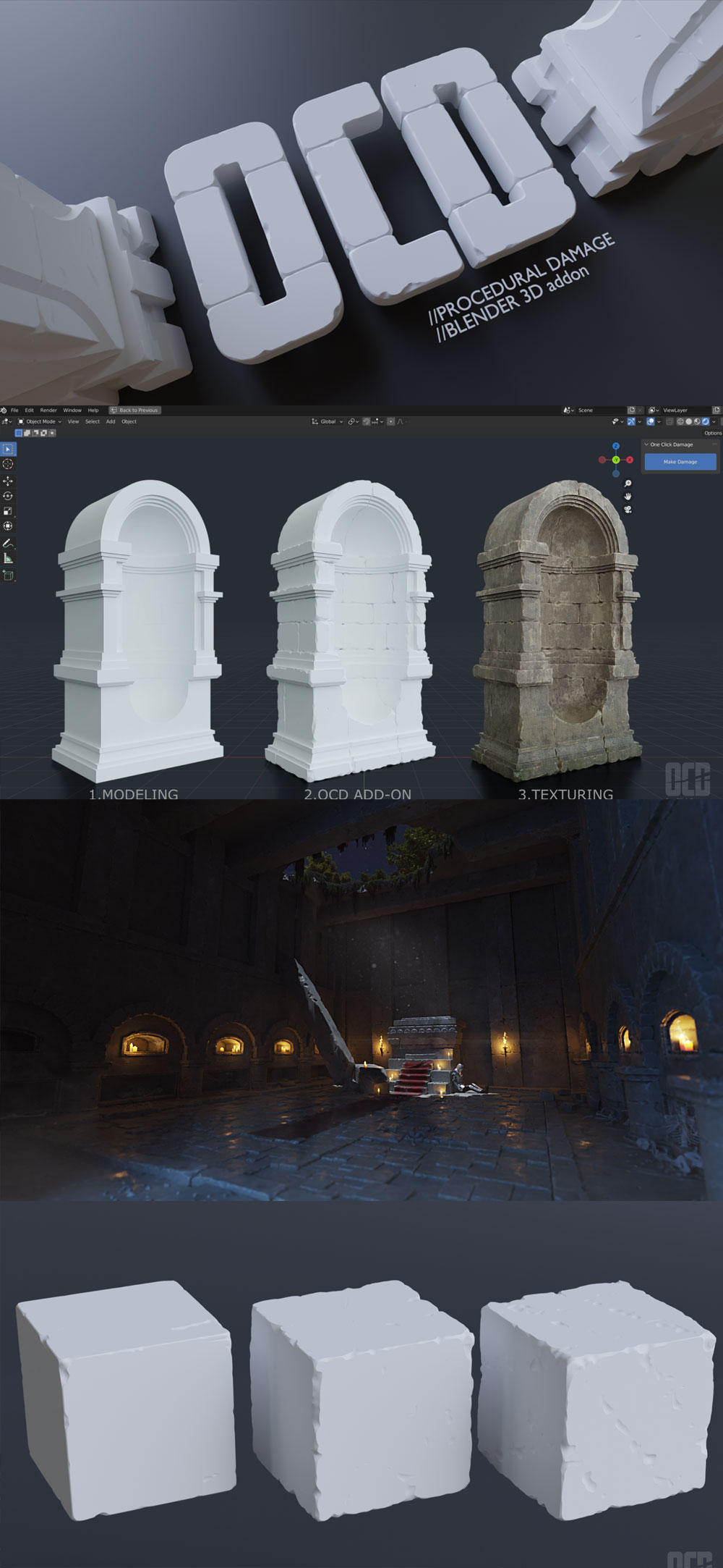 Blender一键生成破损老旧效果插件 Blender Market OCD V1.5.3 One Click Damage For